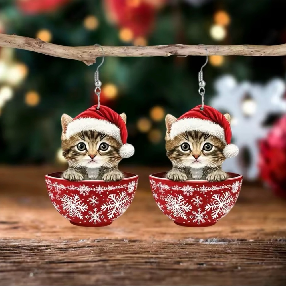 Cute 2D Kitten Christmas Earrings Snowflake Tea Cup Earrings